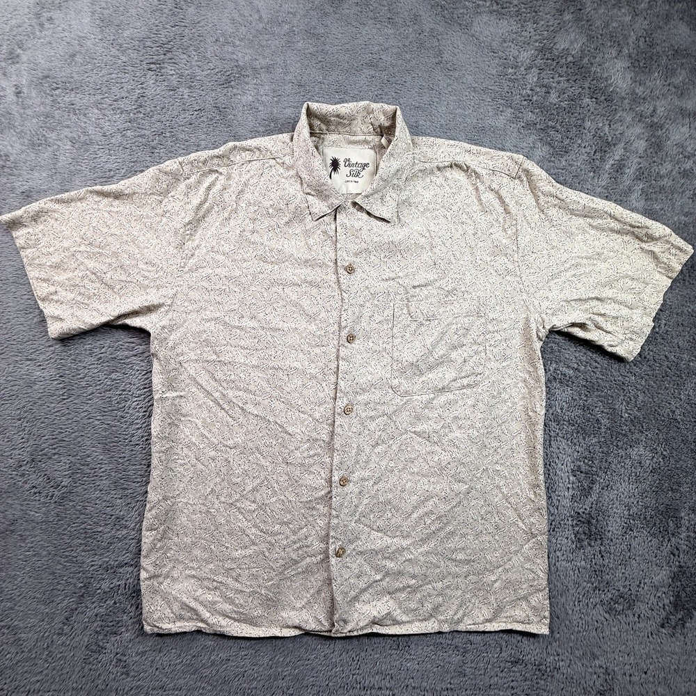 Vintage Silk Mens M Button Up Shirt 100% Silk Geometric Print Ivory Beige